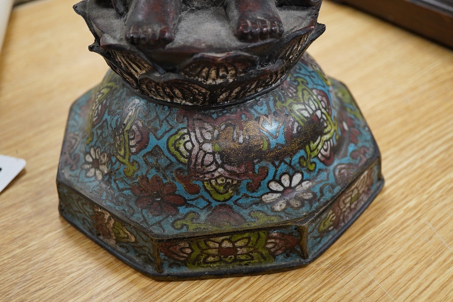 A large Chinese bronze and champleve enamel figure of a Bodhisattva, archaic style seal mark to base, 66cm